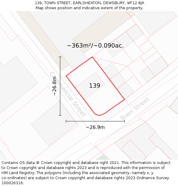 139, TOWN STREET, EARLSHEATON, DEWSBURY, WF12 8JA: Plot and title map