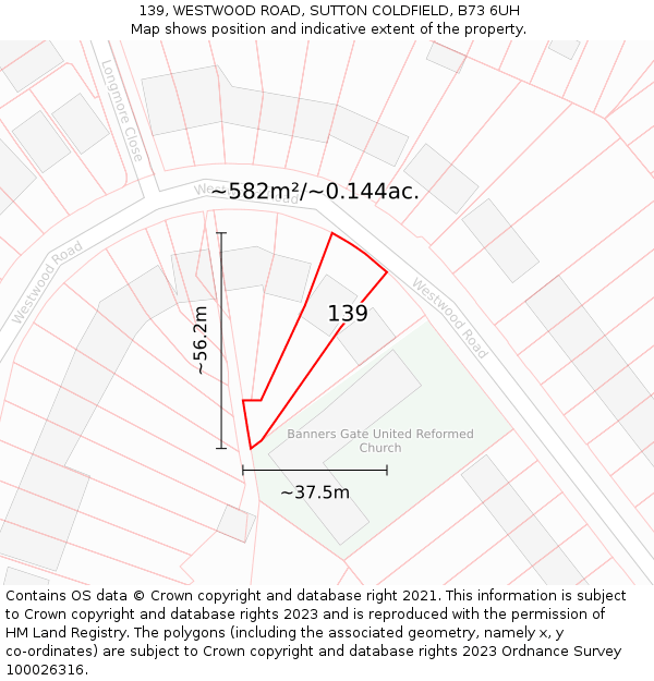 139, WESTWOOD ROAD, SUTTON COLDFIELD, B73 6UH: Plot and title map