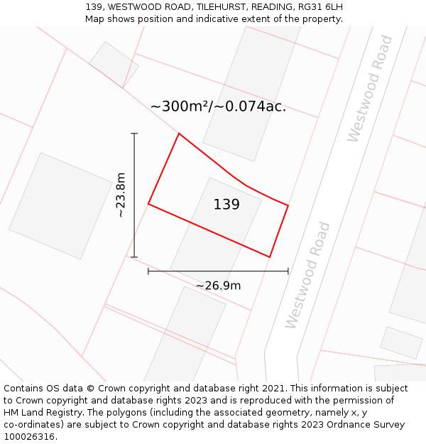 139, WESTWOOD ROAD, TILEHURST, READING, RG31 6LH: Plot and title map