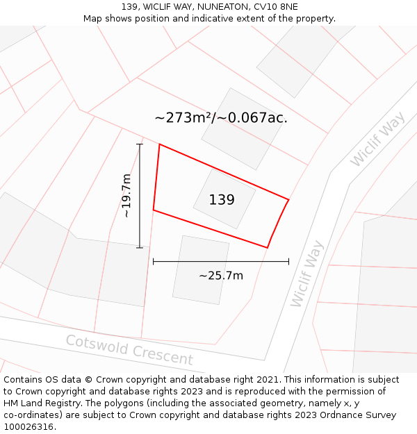 139, WICLIF WAY, NUNEATON, CV10 8NE: Plot and title map