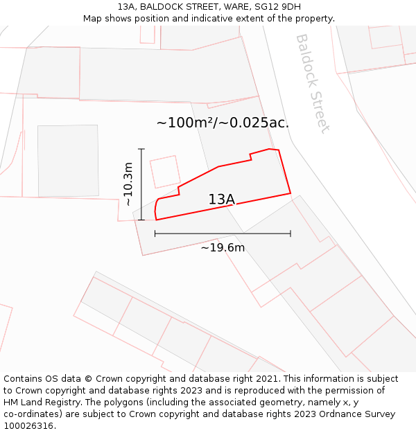 13A, BALDOCK STREET, WARE, SG12 9DH: Plot and title map