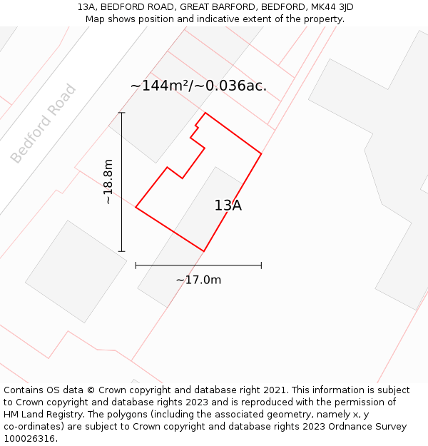 13A, BEDFORD ROAD, GREAT BARFORD, BEDFORD, MK44 3JD: Plot and title map