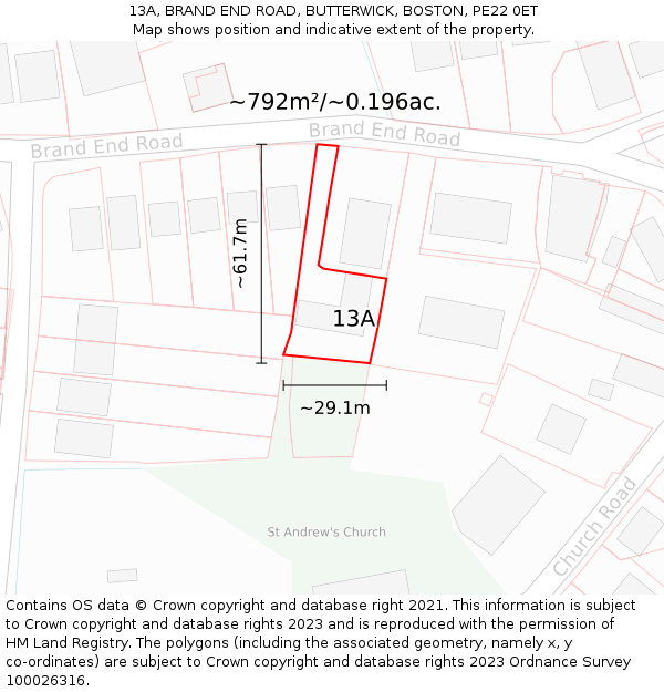 13A, BRAND END ROAD, BUTTERWICK, BOSTON, PE22 0ET: Plot and title map