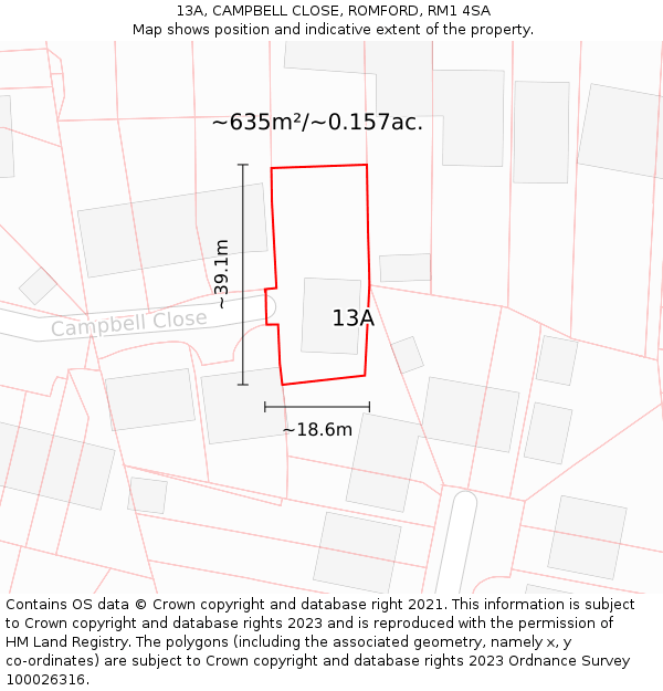 13A, CAMPBELL CLOSE, ROMFORD, RM1 4SA: Plot and title map