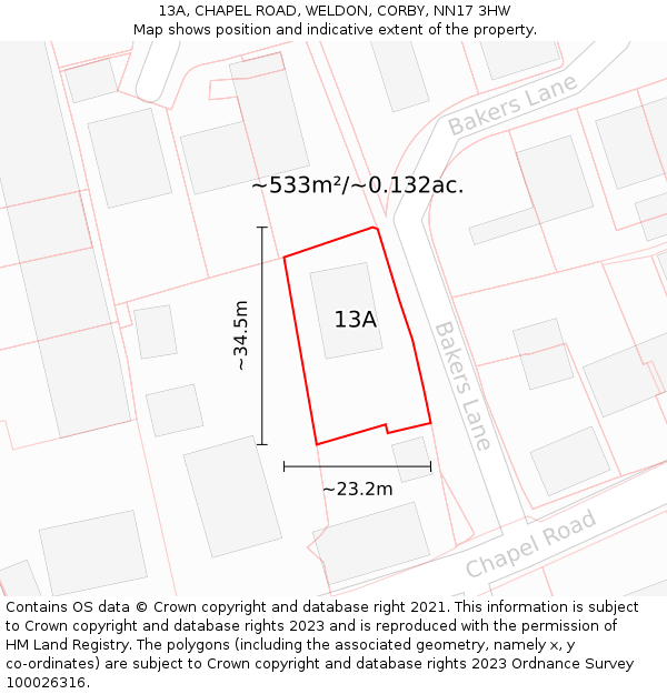 13A, CHAPEL ROAD, WELDON, CORBY, NN17 3HW: Plot and title map