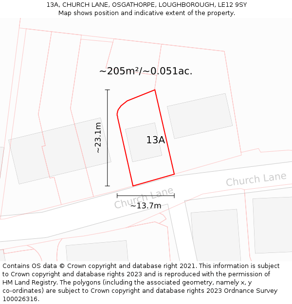 13A, CHURCH LANE, OSGATHORPE, LOUGHBOROUGH, LE12 9SY: Plot and title map