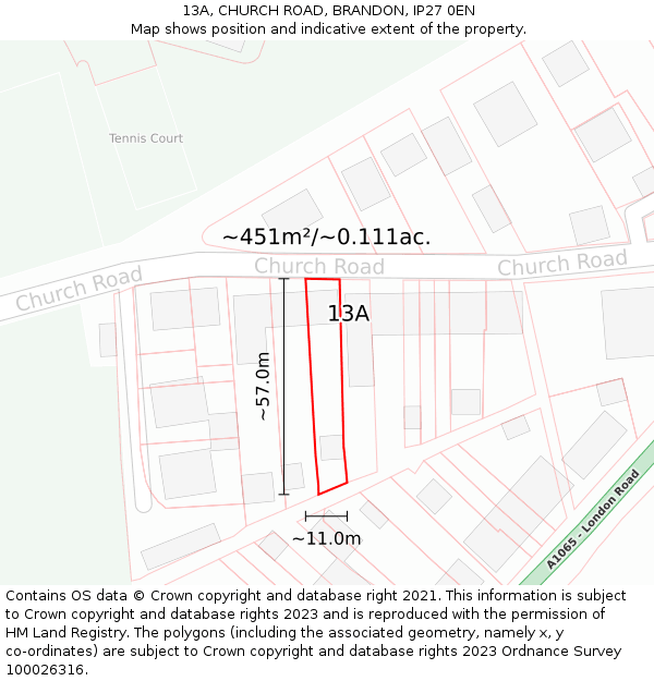 13A, CHURCH ROAD, BRANDON, IP27 0EN: Plot and title map