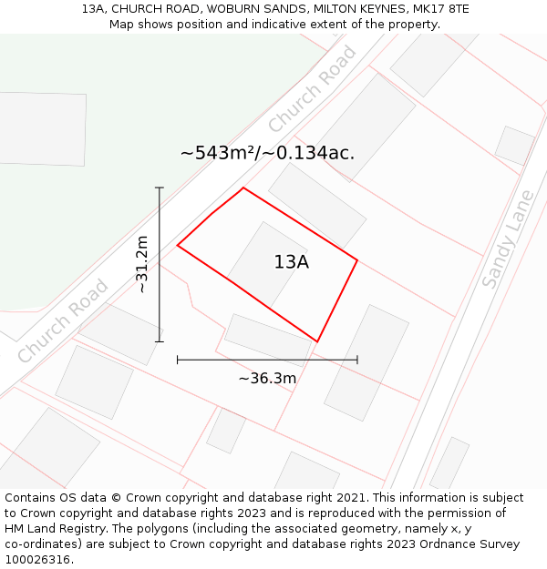 13A, CHURCH ROAD, WOBURN SANDS, MILTON KEYNES, MK17 8TE: Plot and title map
