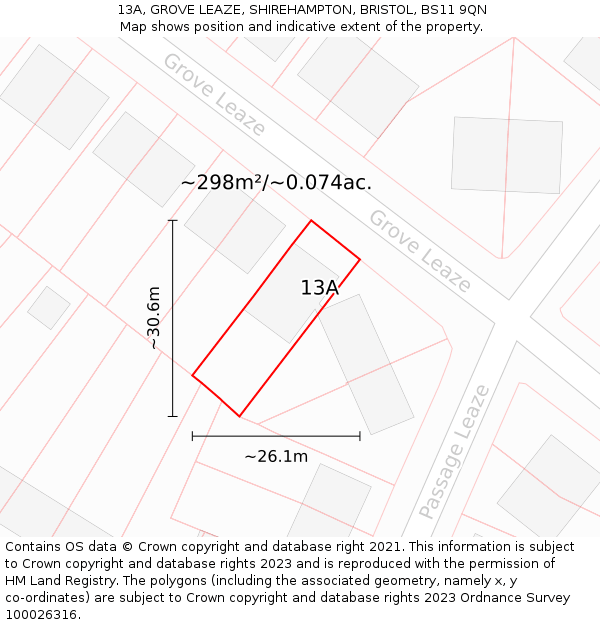 13A, GROVE LEAZE, SHIREHAMPTON, BRISTOL, BS11 9QN: Plot and title map