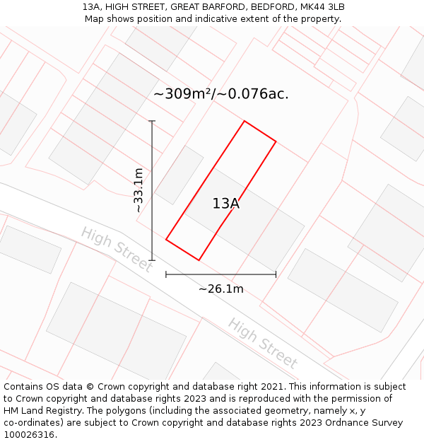 13A, HIGH STREET, GREAT BARFORD, BEDFORD, MK44 3LB: Plot and title map