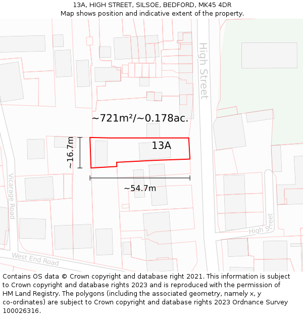 13A, HIGH STREET, SILSOE, BEDFORD, MK45 4DR: Plot and title map