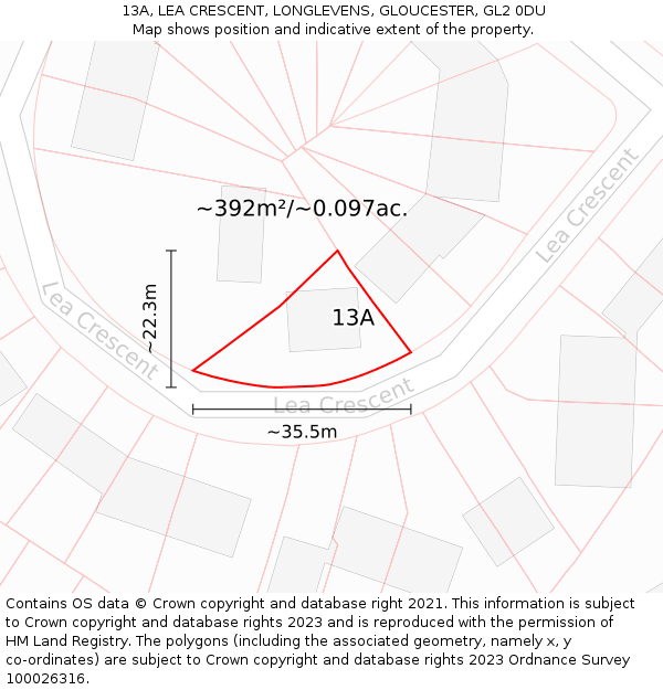 13A, LEA CRESCENT, LONGLEVENS, GLOUCESTER, GL2 0DU: Plot and title map