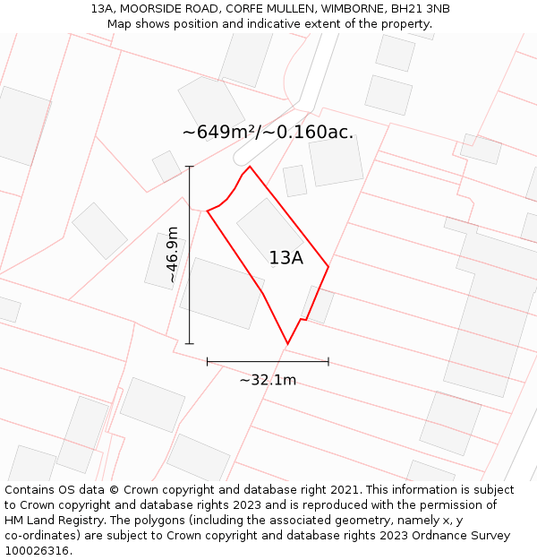 13A, MOORSIDE ROAD, CORFE MULLEN, WIMBORNE, BH21 3NB: Plot and title map