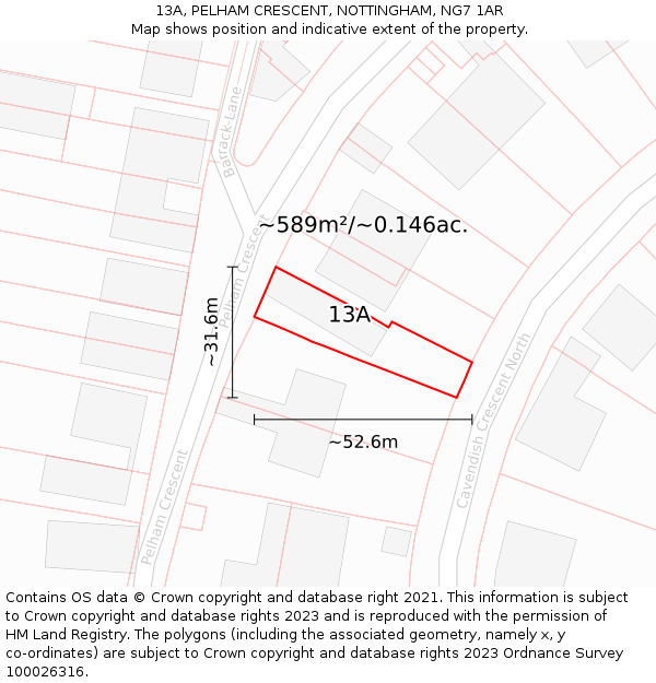 13A, PELHAM CRESCENT, NOTTINGHAM, NG7 1AR: Plot and title map