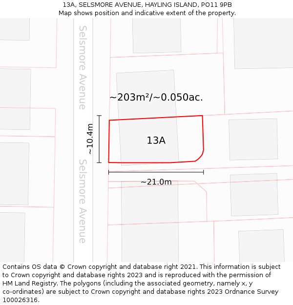 13A, SELSMORE AVENUE, HAYLING ISLAND, PO11 9PB: Plot and title map