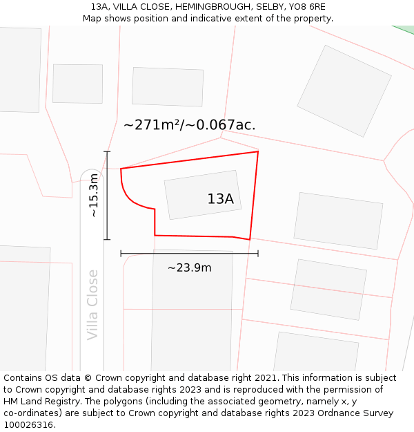 13A, VILLA CLOSE, HEMINGBROUGH, SELBY, YO8 6RE: Plot and title map
