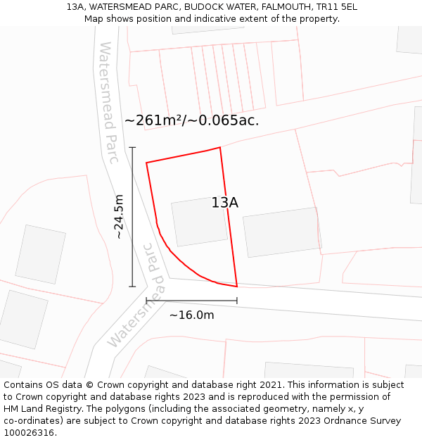 13A, WATERSMEAD PARC, BUDOCK WATER, FALMOUTH, TR11 5EL: Plot and title map