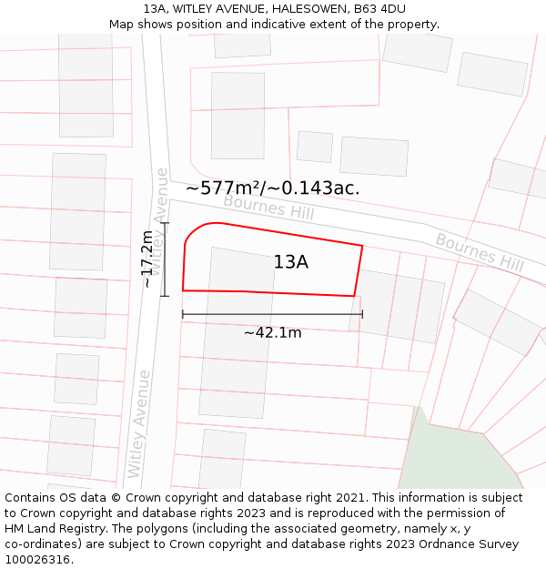13A, WITLEY AVENUE, HALESOWEN, B63 4DU: Plot and title map