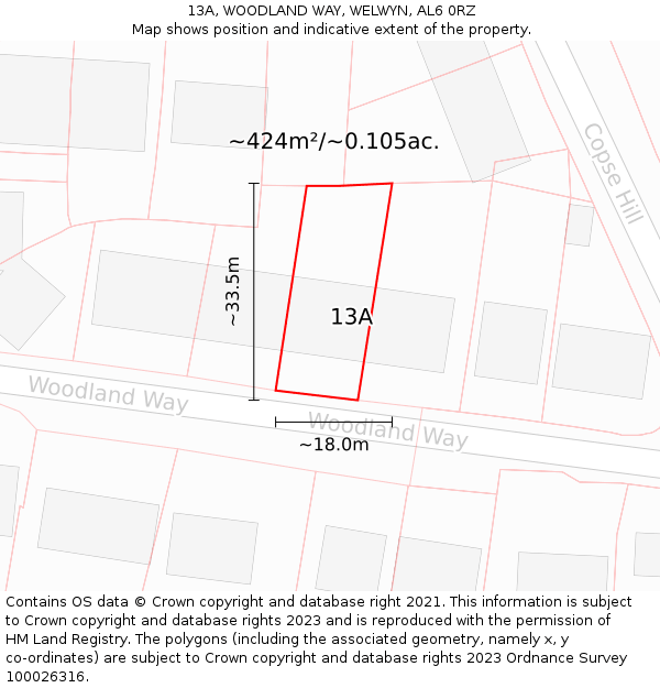 13A, WOODLAND WAY, WELWYN, AL6 0RZ: Plot and title map