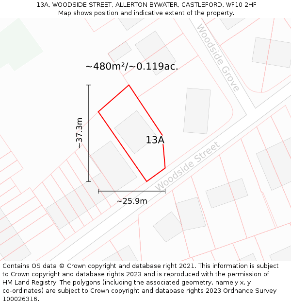 13A, WOODSIDE STREET, ALLERTON BYWATER, CASTLEFORD, WF10 2HF: Plot and title map