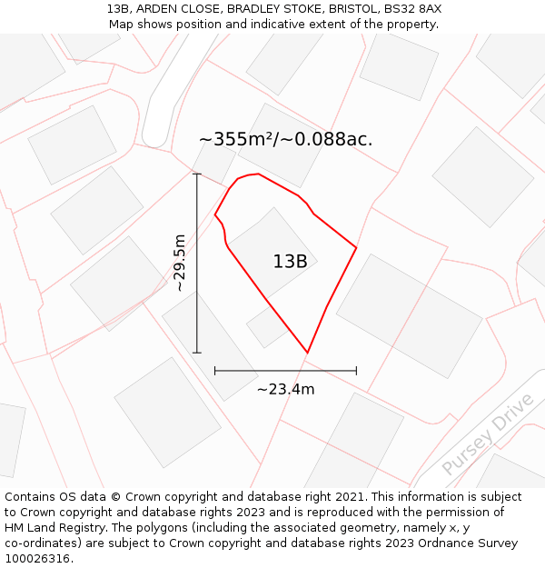 13B, ARDEN CLOSE, BRADLEY STOKE, BRISTOL, BS32 8AX: Plot and title map