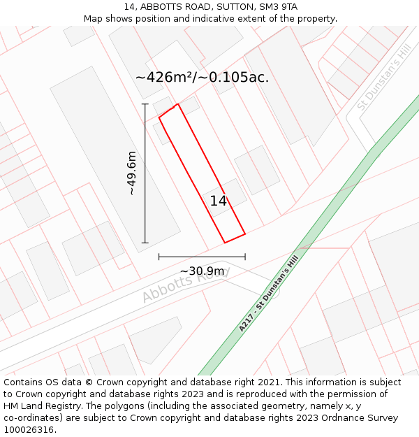 14, ABBOTTS ROAD, SUTTON, SM3 9TA: Plot and title map