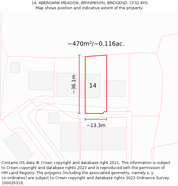 14, ABERGARW MEADOW, BRYNMENYN, BRIDGEND, CF32 8YG: Plot and title map
