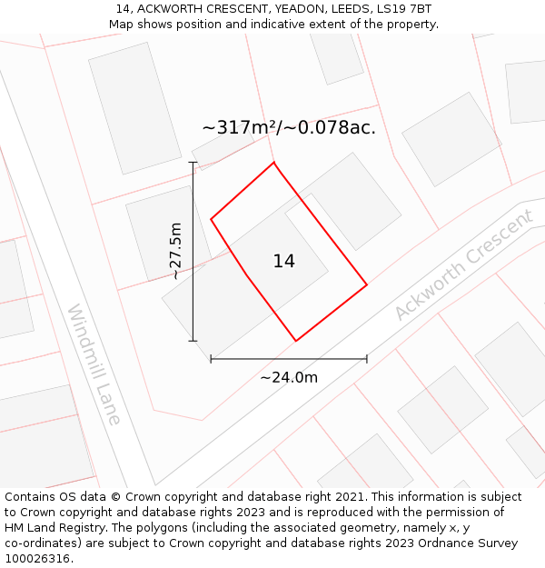 14, ACKWORTH CRESCENT, YEADON, LEEDS, LS19 7BT: Plot and title map