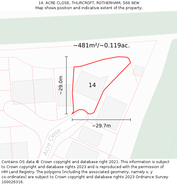 14, ACRE CLOSE, THURCROFT, ROTHERHAM, S66 9EW: Plot and title map