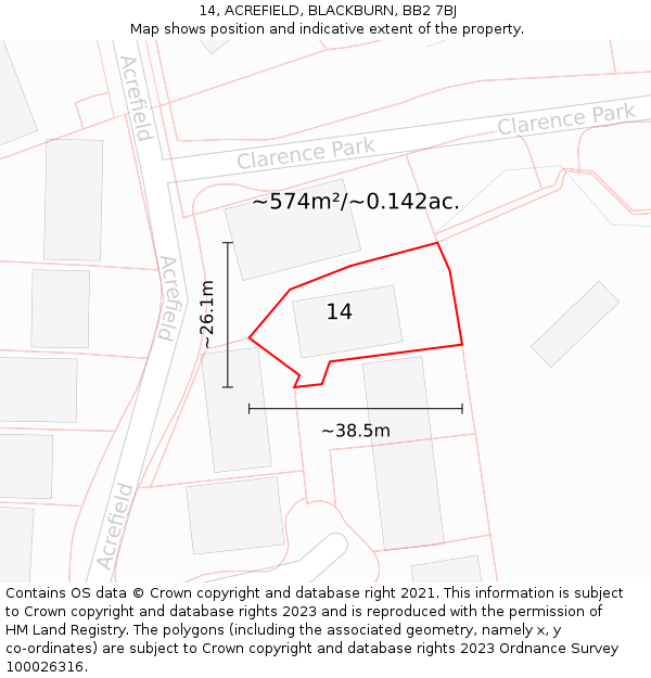 14, ACREFIELD, BLACKBURN, BB2 7BJ: Plot and title map