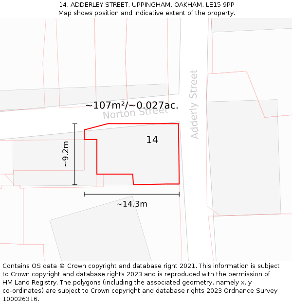 14, ADDERLEY STREET, UPPINGHAM, OAKHAM, LE15 9PP: Plot and title map