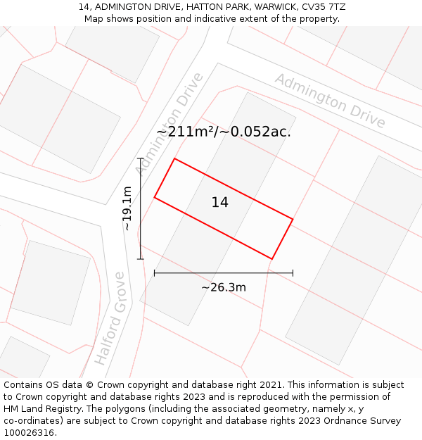 14, ADMINGTON DRIVE, HATTON PARK, WARWICK, CV35 7TZ: Plot and title map