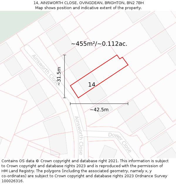 14, AINSWORTH CLOSE, OVINGDEAN, BRIGHTON, BN2 7BH: Plot and title map