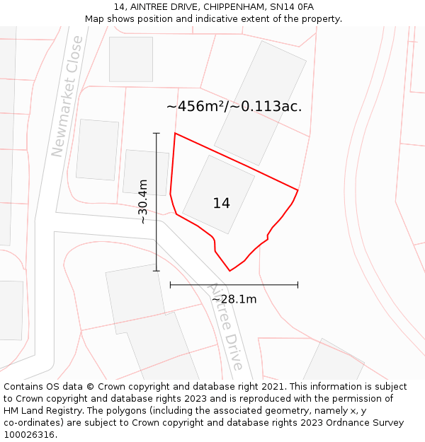 14, AINTREE DRIVE, CHIPPENHAM, SN14 0FA: Plot and title map
