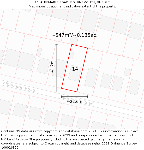 14, ALBEMARLE ROAD, BOURNEMOUTH, BH3 7LZ: Plot and title map