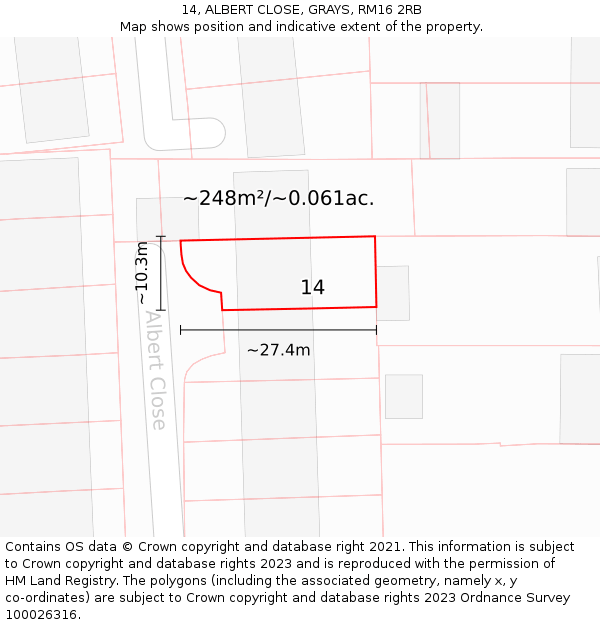14, ALBERT CLOSE, GRAYS, RM16 2RB: Plot and title map