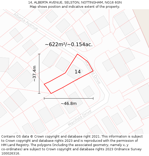 14, ALBERTA AVENUE, SELSTON, NOTTINGHAM, NG16 6GN: Plot and title map
