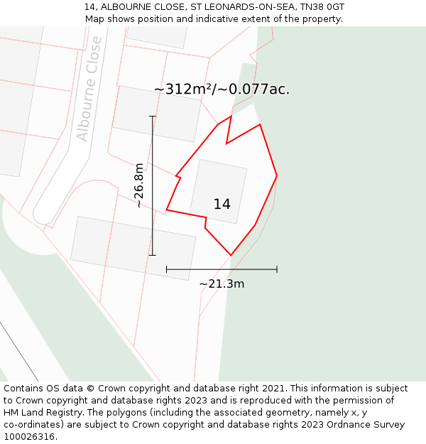 14, ALBOURNE CLOSE, ST LEONARDS-ON-SEA, TN38 0GT: Plot and title map