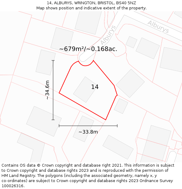 14, ALBURYS, WRINGTON, BRISTOL, BS40 5NZ: Plot and title map