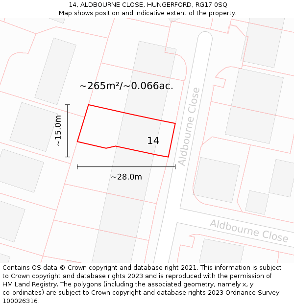 14, ALDBOURNE CLOSE, HUNGERFORD, RG17 0SQ: Plot and title map