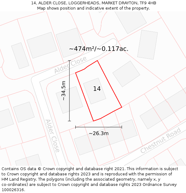 14, ALDER CLOSE, LOGGERHEADS, MARKET DRAYTON, TF9 4HB: Plot and title map