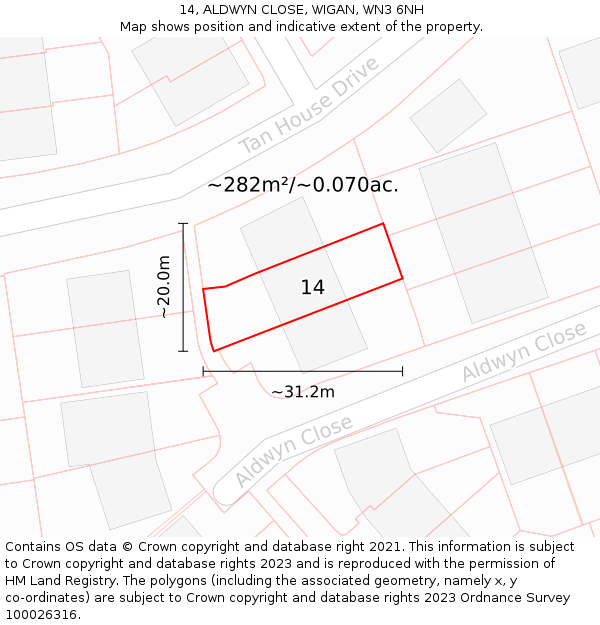 14, ALDWYN CLOSE, WIGAN, WN3 6NH: Plot and title map