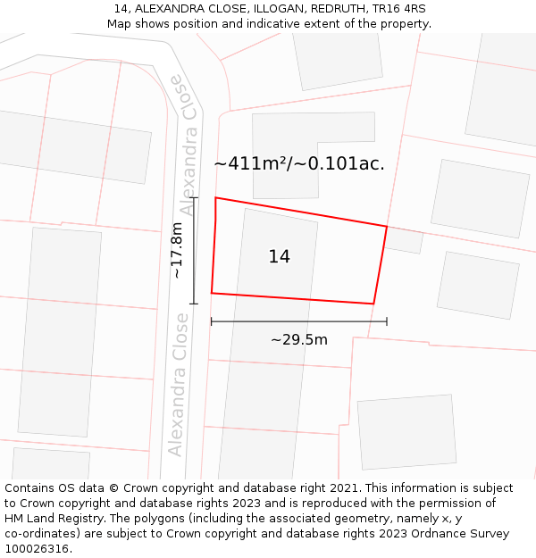 14, ALEXANDRA CLOSE, ILLOGAN, REDRUTH, TR16 4RS: Plot and title map