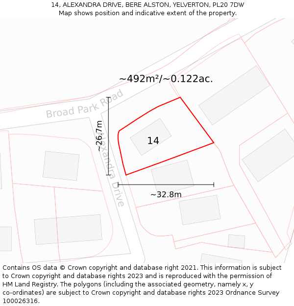 14, ALEXANDRA DRIVE, BERE ALSTON, YELVERTON, PL20 7DW: Plot and title map