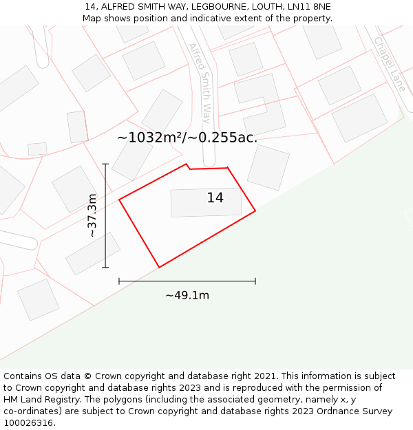 14, ALFRED SMITH WAY, LEGBOURNE, LOUTH, LN11 8NE: Plot and title map