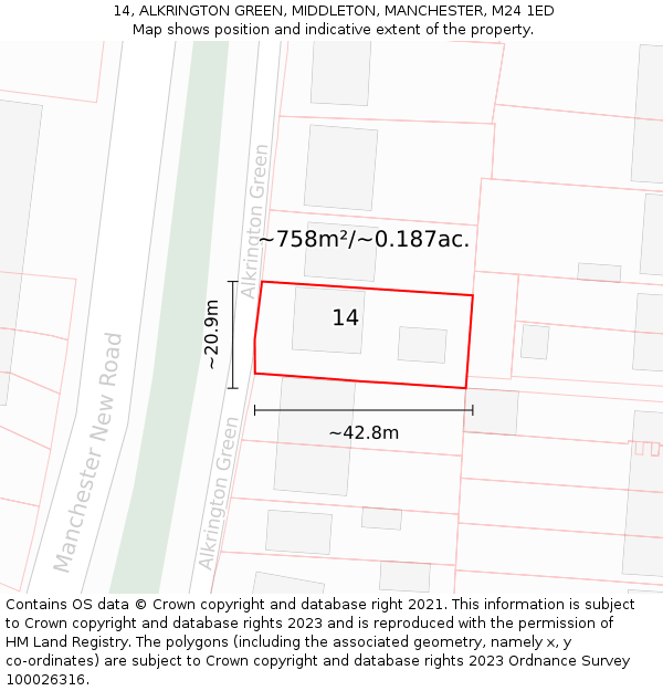 14, ALKRINGTON GREEN, MIDDLETON, MANCHESTER, M24 1ED: Plot and title map