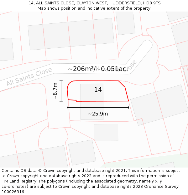 14, ALL SAINTS CLOSE, CLAYTON WEST, HUDDERSFIELD, HD8 9TS: Plot and title map