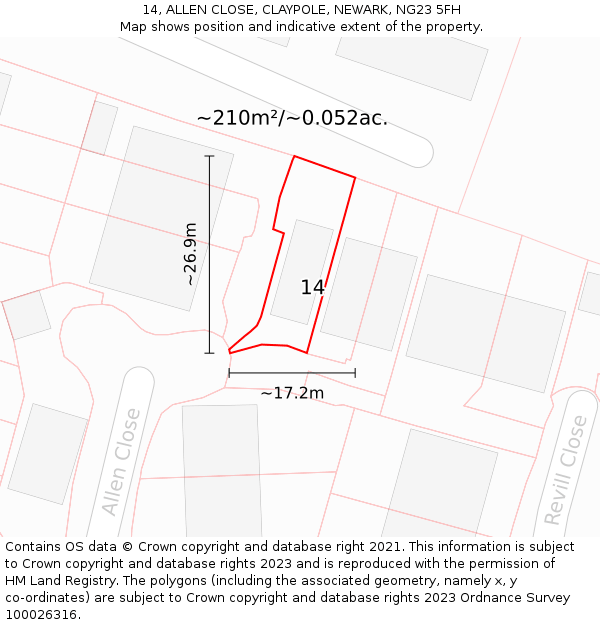 14, ALLEN CLOSE, CLAYPOLE, NEWARK, NG23 5FH: Plot and title map