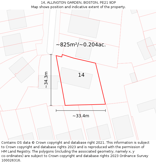 14, ALLINGTON GARDEN, BOSTON, PE21 9DP: Plot and title map