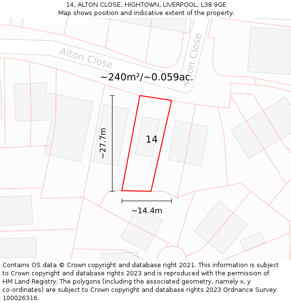 14, ALTON CLOSE, HIGHTOWN, LIVERPOOL, L38 9GE: Plot and title map
